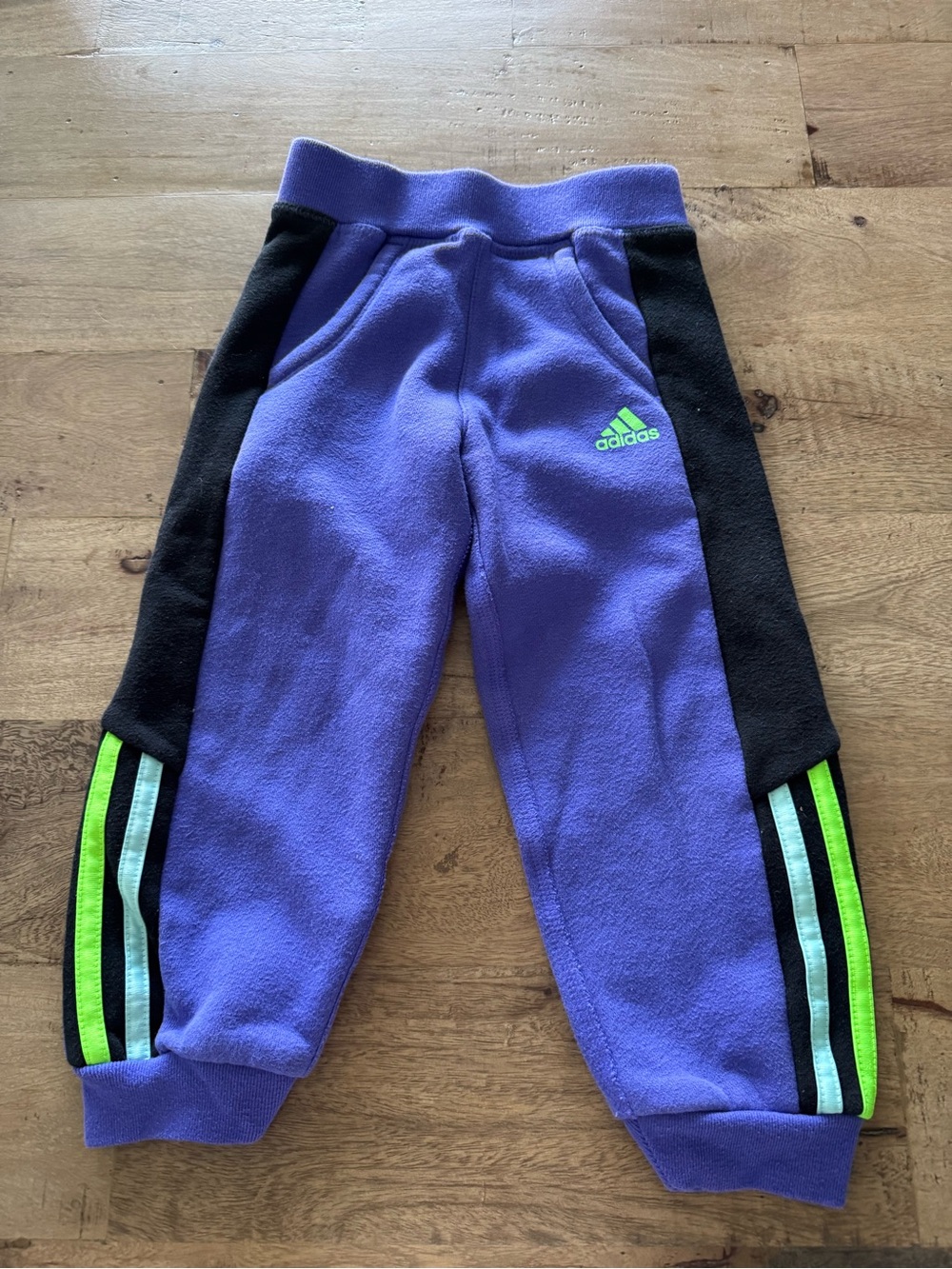 Adidas Kids retro Purple Fleece Jogger Pants Black & Neon Stripe sz 4 sporty